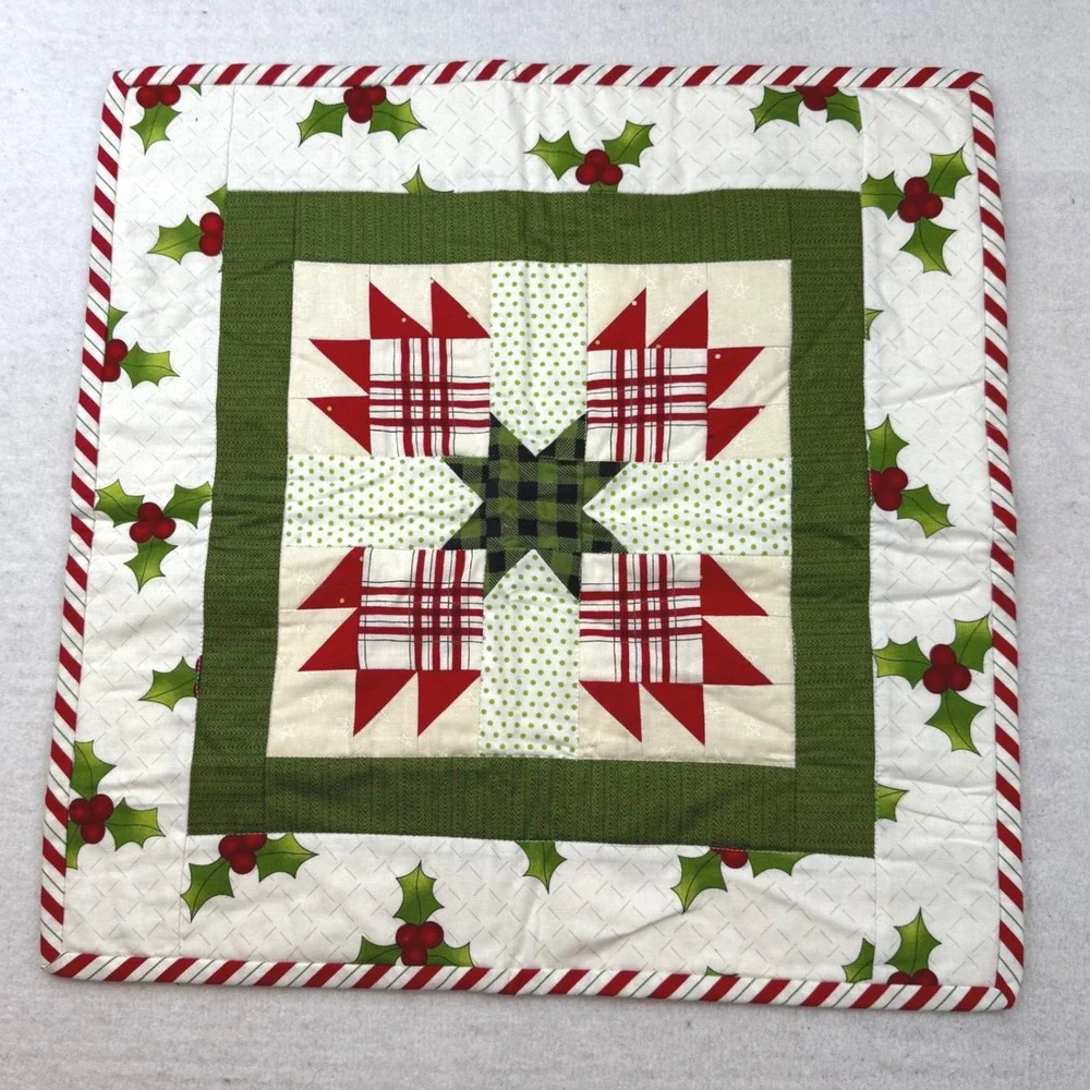 Handmade Christmas Quilted placemat Trivet Holly‎ Star Quilt centerpiece berry